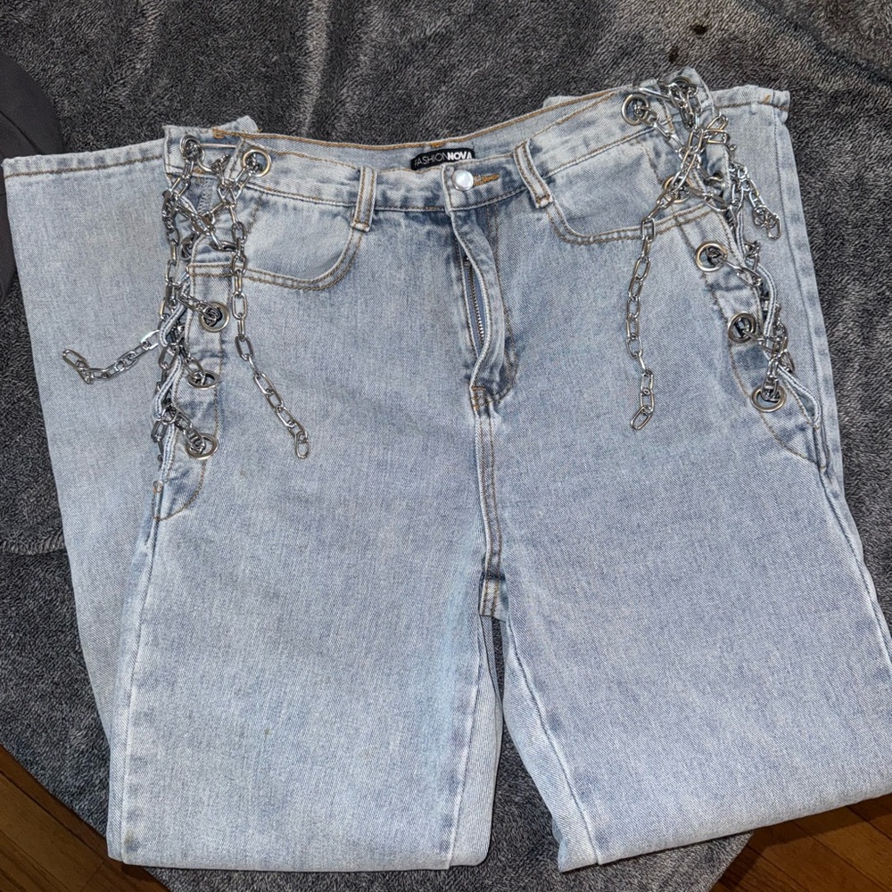 Fashion Nova Light Blue Chain-Detail Jeans
